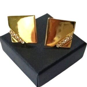 Gold Tone ¾" Square CLIP-ON Earrings w/ 5‎ Faux Diamonds Crossing Corner of Each